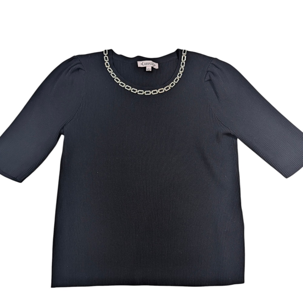 Nanette Lepore Black Ribbed Chain Neck Top Womens L 3/4‎ Sleeve